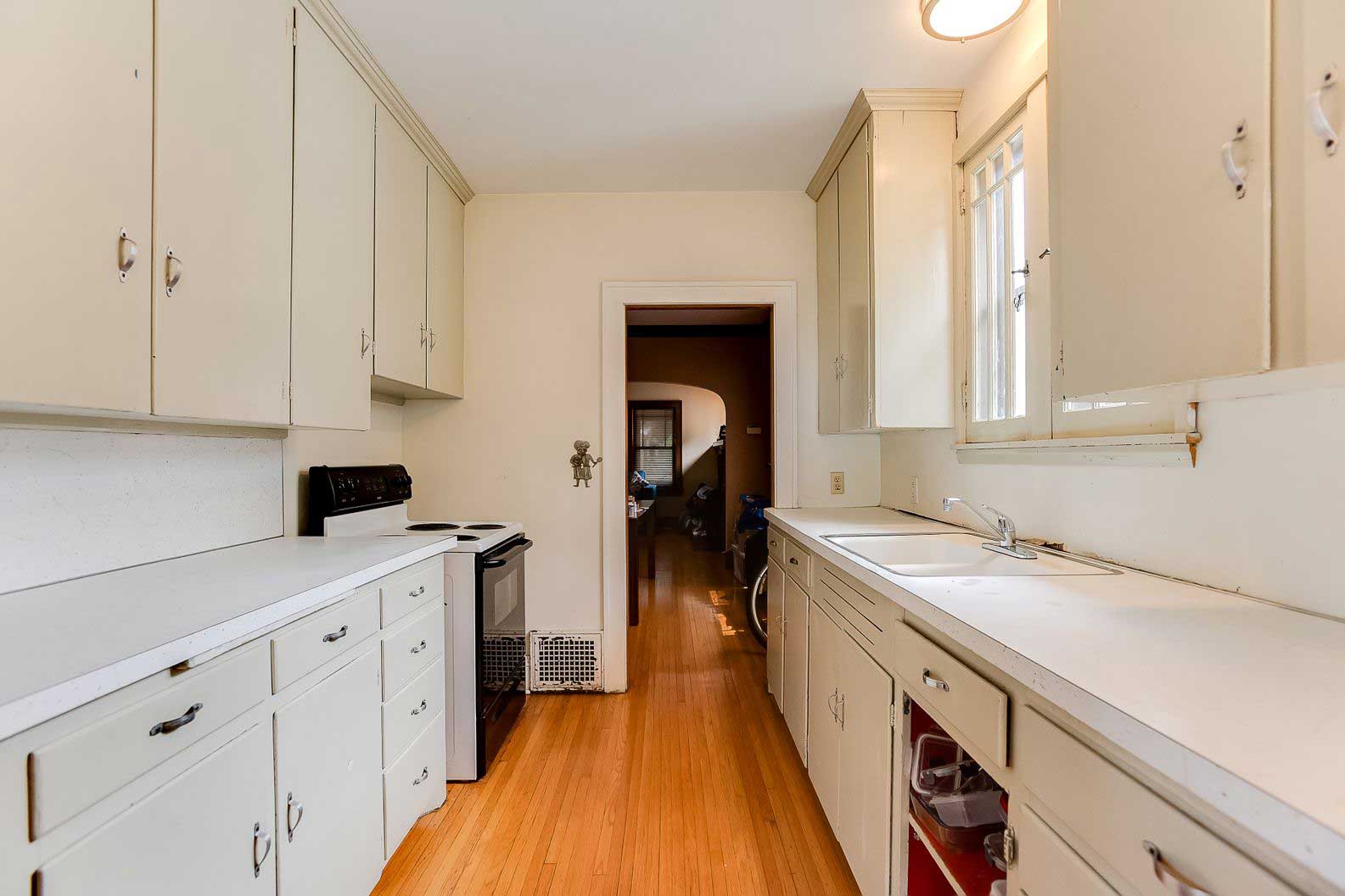 white galley kitchen